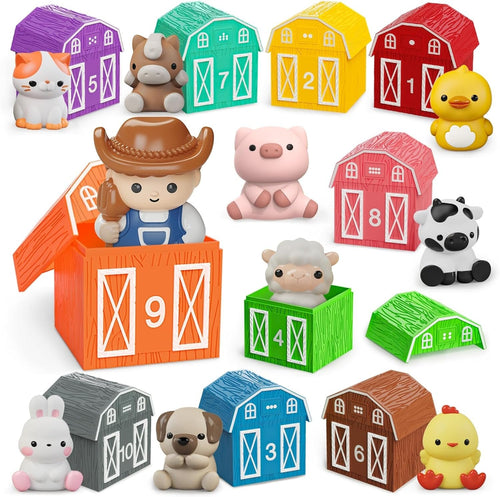Learning Toy for Toddlers 1 2 3+ Years Old, 20 PCS Farm Animal Barn Toy & Finger Puppets, Montessori Educational Toy for Kids, Kids Toy with 10 Animals & 10 Barns for Babies Boys Girls