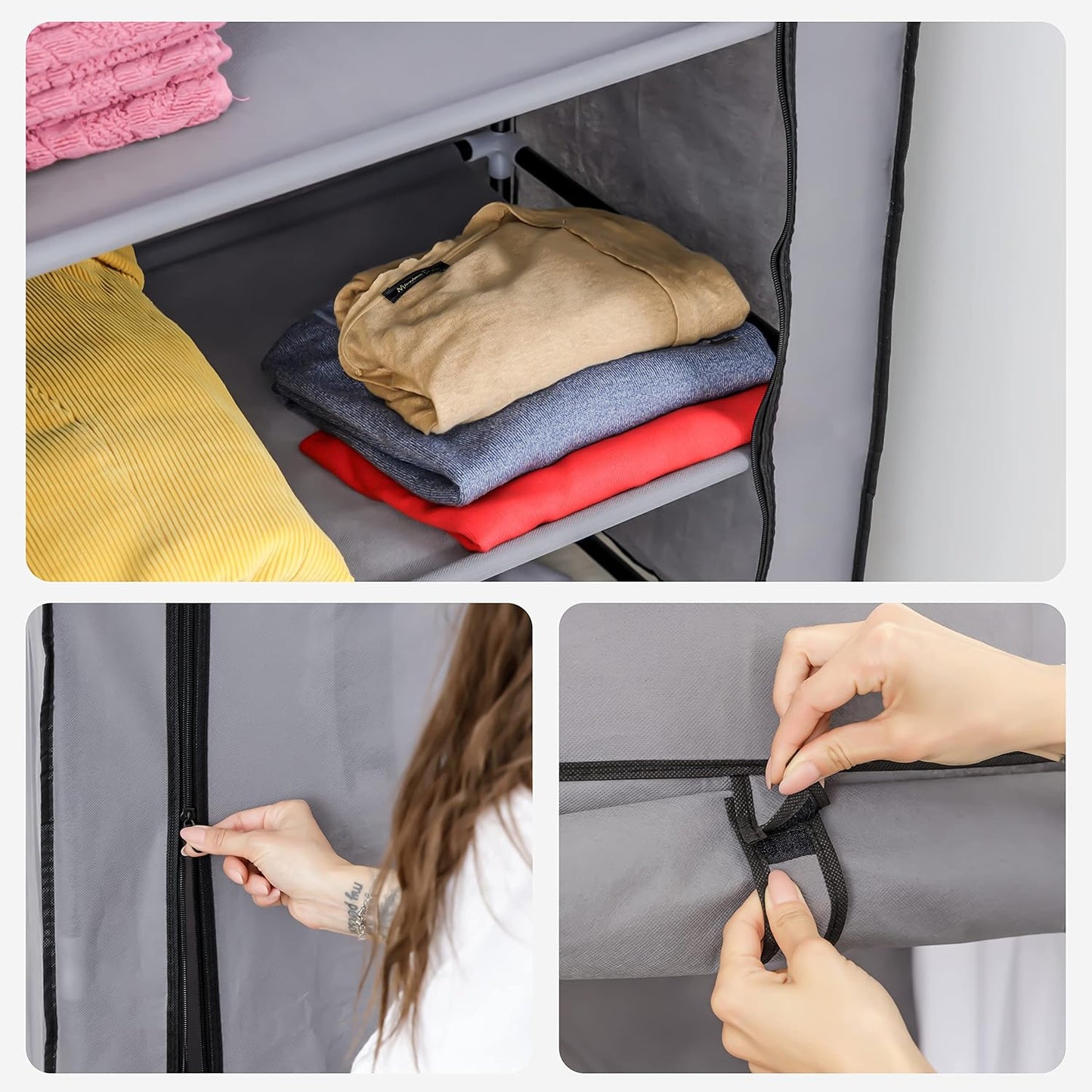 Baroni Home Folding Fabric Closet, Space-Saving Folding Furniture with Iron Frame for Bedroom, Walk-in Closet, Grey, 3 Shelves, 1 Clothes Rail, 70 x 46 x 148 cm