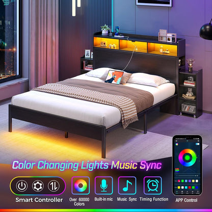 Rolanstar Bed Frame Queen Size with Bookcase Storage Headboard, Slide Out Bedside Storage Table, Bed with Charging Station & LED Lights, Heavy Duty Metal Slats, No Box Spring Needed, Noise Free, Black