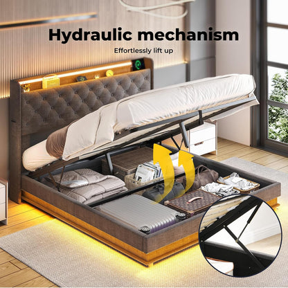 Levede Double Bed Frame,Fabric Upholstered Bed Base with Gas Lift Storage, RGB LED Lights, USB Charging,Headboard,Under Bed Storage Space, Easy Assembly, Bedroom Furniture