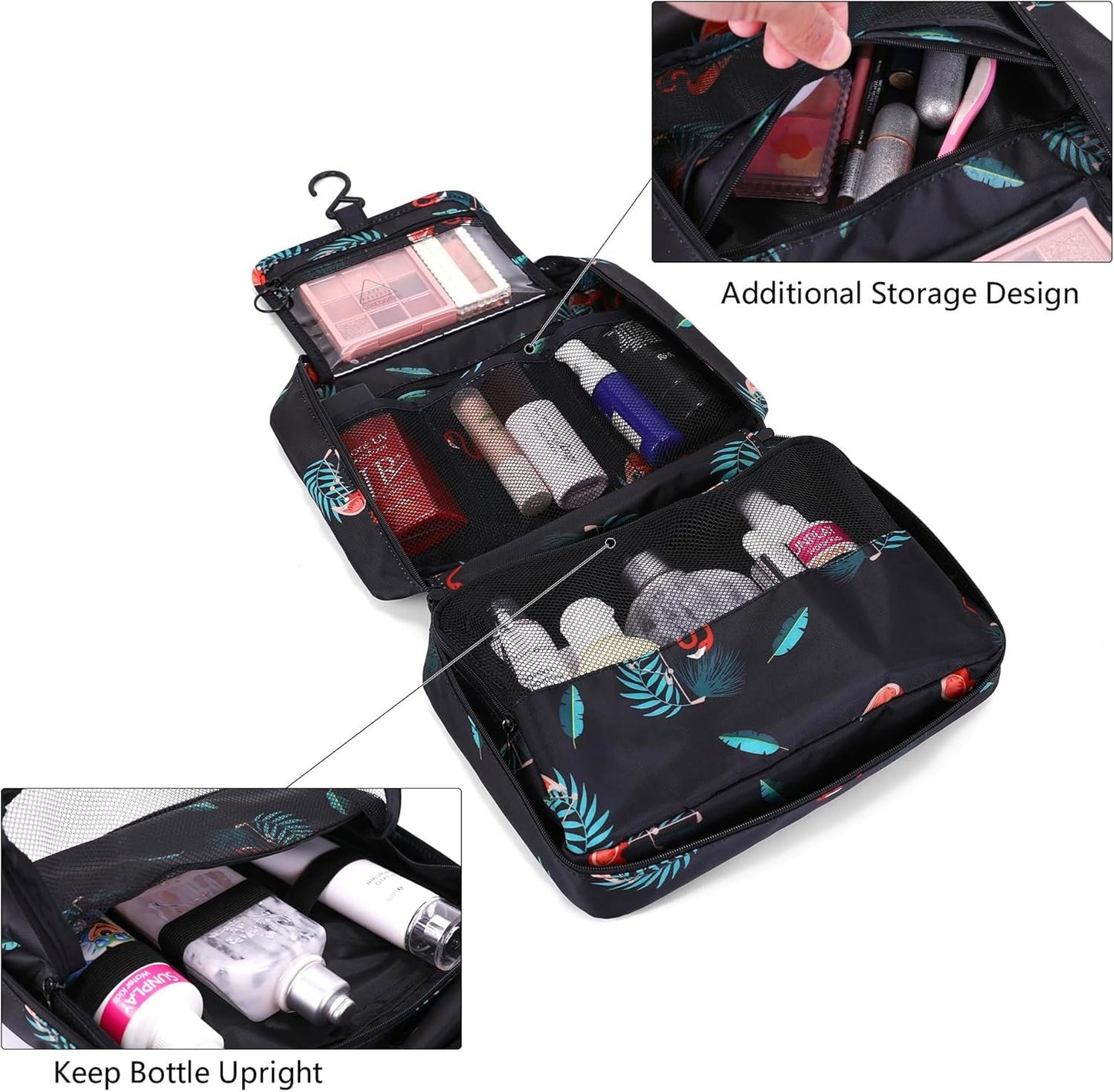 Hanging Travel Toiletry Bag, Ginsco Makeup Bag Cosmetic Bag for Women, Portable Water Resistant Toiletries Bag for Travel, Makeup Organizer with 4 Compartments & 1 Sturdy Hooks Black Flamingo