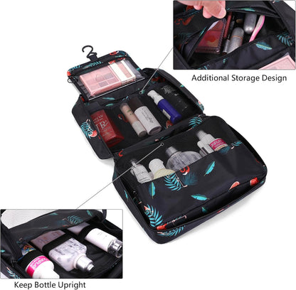 Hanging Travel Toiletry Bag, Ginsco Makeup Bag Cosmetic Bag for Women, Portable Water Resistant Toiletries Bag for Travel, Makeup Organizer with 4 Compartments & 1 Sturdy Hooks Black Flamingo