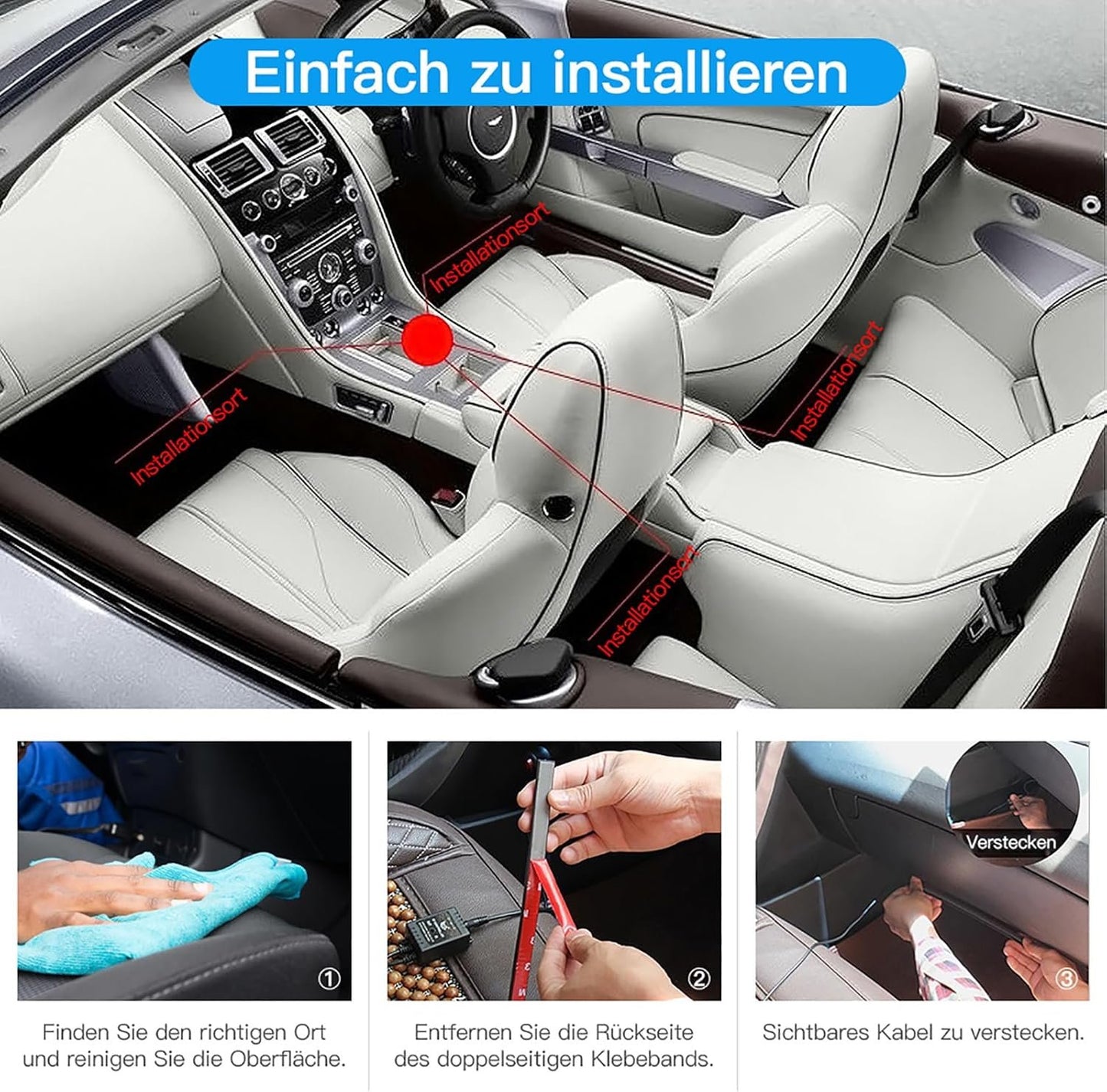 AIGUOZER Car Interior Lighting, Waterproof 48 LEDs, LED Strips Car with USB Port, Car Accessories Interior for Men and Women Car Decoration