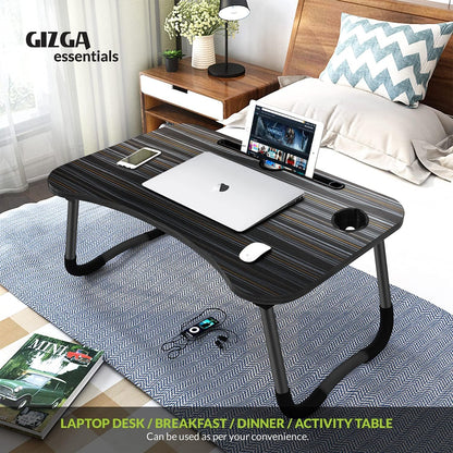 Gizga Essentials Foldable Laptop and Study Table for Student and Kids with Cup, Tablet and Mac Holder |Office Table | Bed Table| Breakfast Table, Portable/Ergonomic & Round Edges/Non-Slip Legs, Black