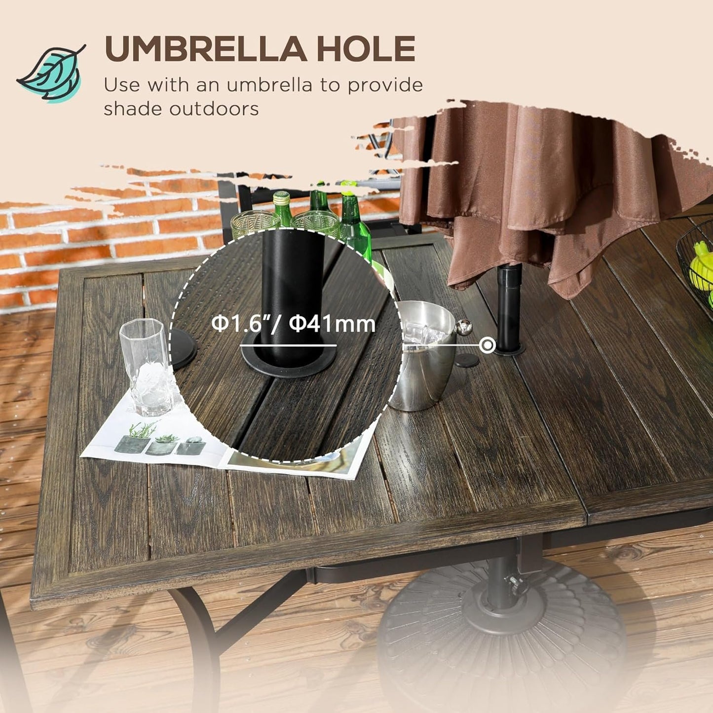 Outsunny 59 Inch Outdoor Dining Table for Six, Patio Table with Parasol Hole, Wood Grain Tabletop, Steel Frame, for Backyard, Garden, Balcony, Deck, Brown
