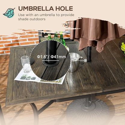 Outsunny 59 Inch Outdoor Dining Table for Six, Patio Table with Parasol Hole, Wood Grain Tabletop, Steel Frame, for Backyard, Garden, Balcony, Deck, Brown
