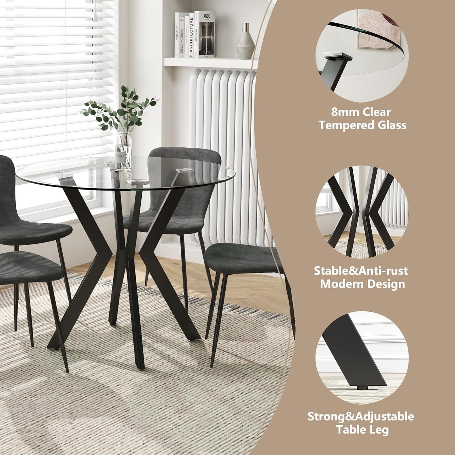 GOLDFAN Glass Dining Table,31.5 '' Round Kitchen Table with Metal Legs, Modern Dining Table for Home Furniture Dining Room