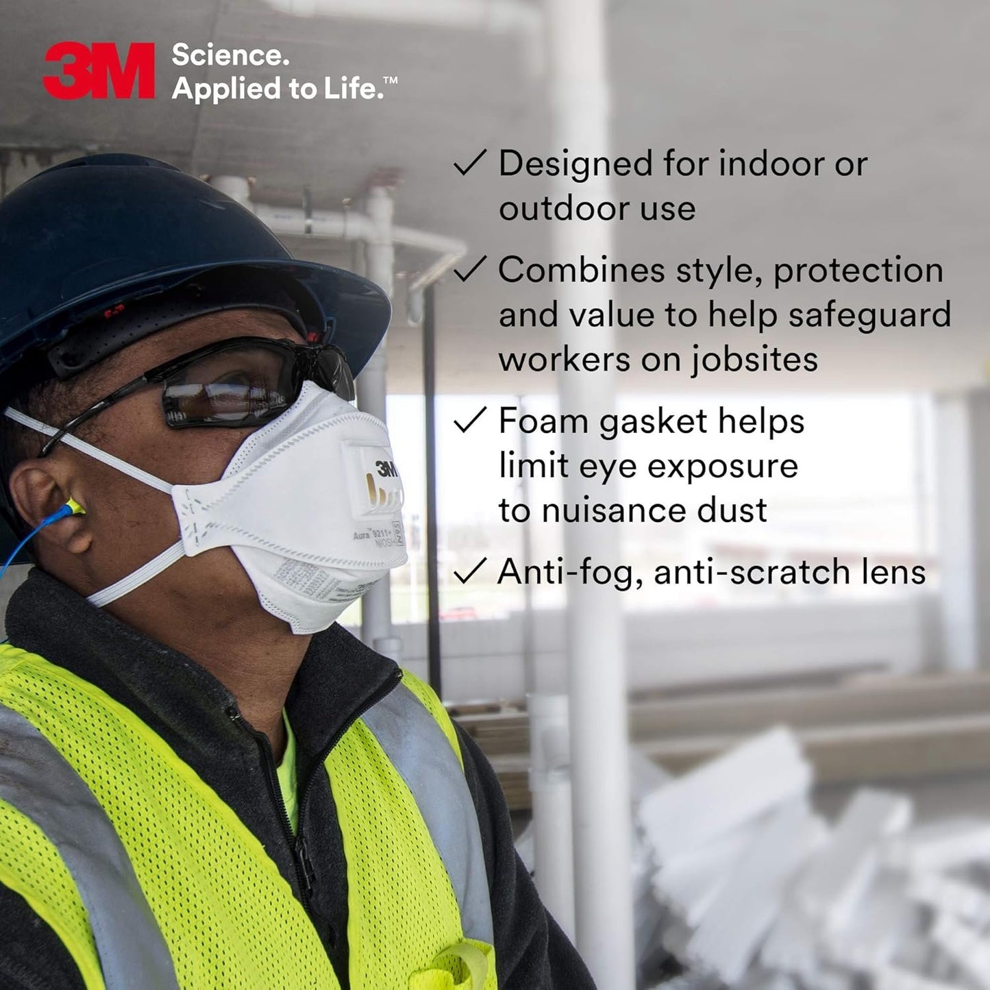 3M Safety Glasses, Virtua CCS, ANSI Z87, Anti-Fog, Gray Lens, Black Frame, Corded Ear Plug Control System, Removable Foam Gasket