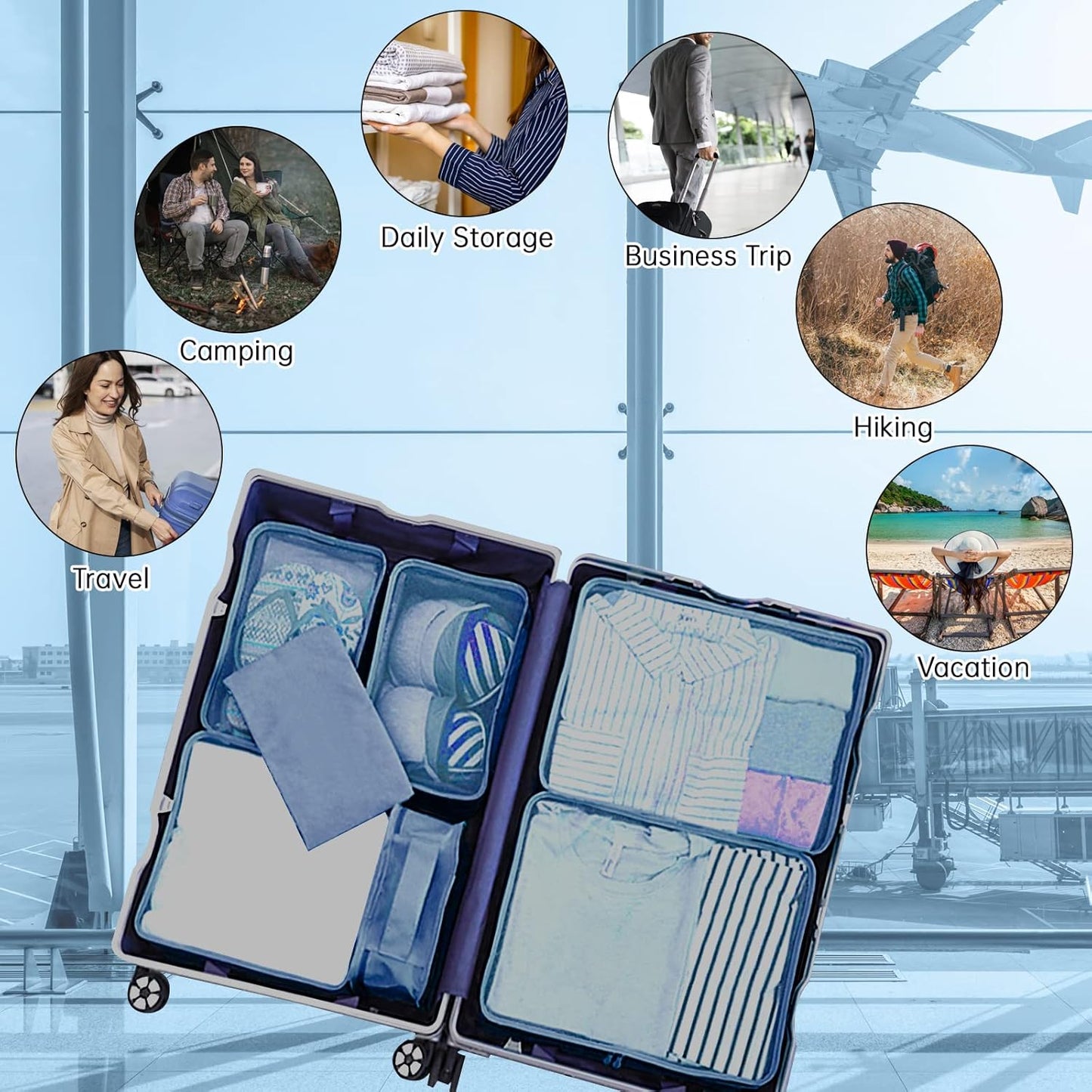 Sciphylia Luggage Organizer Suitcase Organizer Set of 10 Waterproof Travel Organizer Bags Travel Packing Cubes Useful Accessories for Cosmetic Clothes Shoes Underwear Navy Blue