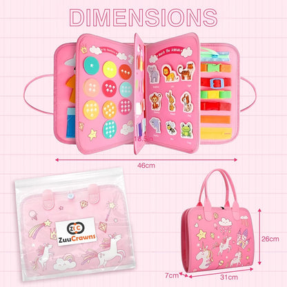 ZuuCrawns Montessori Busy Board Travel Toys for Toddlers 1-3 for Plane - Preschool Learning & Education Toys for 3 Year Old boy & Girl - Sensory Busy Book with Zipper & 3 Detachable Page