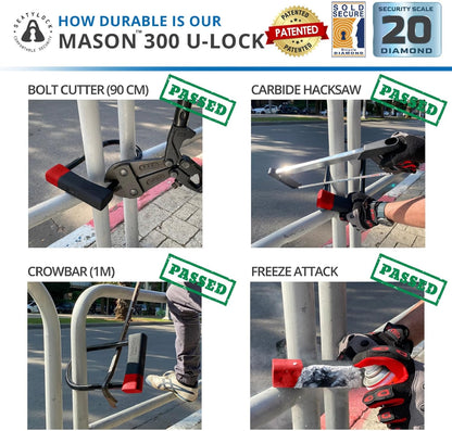 SeatyLock Mason Bike U Lock - Patented Anti-Theft Bicycle Lock - Super Wide Safety Master Tool ULock with Keys for Electric Bikes, Scooters and Motorcycles (30cm)