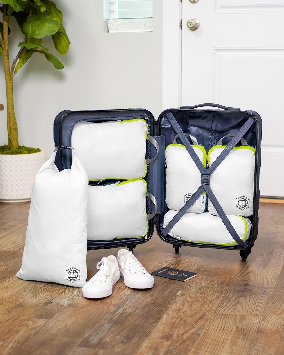 Compression Packing Cubes for Travel - Luggage and Backpack Organizer Packaging Cubes for Clothes (White and Green, 6 Piece Set), White/Green, 6Piece