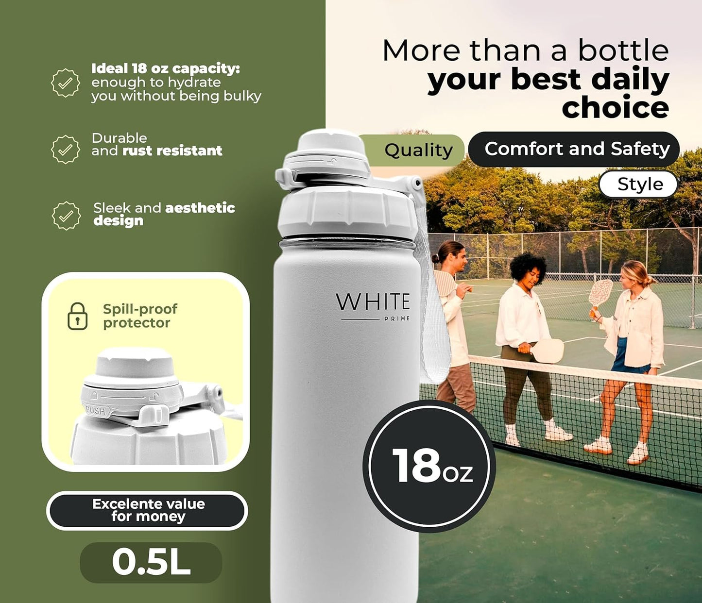 WHITE Prime | 18 oz Water Bottle | Wide Mouth | Drinkware Flasks