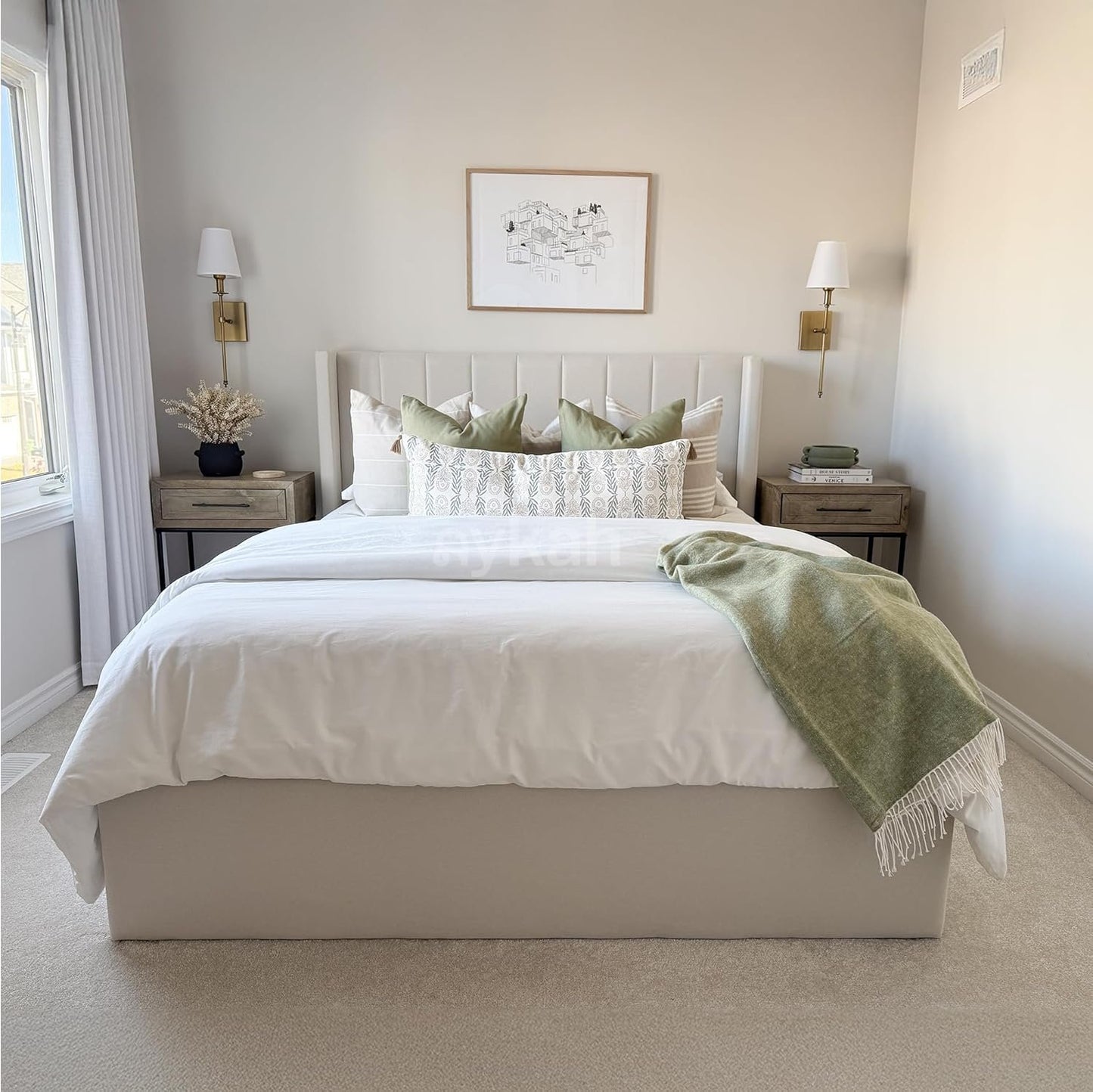 Modern Cream King Size Bed Frame with Storage, Foam Filled Fabric, Modern Wingback Design Bed, Metal Bed Frame with High Headboard, Wood Slat Support, No Box Spring Required (Cream, King Bed)