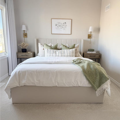 Modern Cream King Size Bed Frame with Storage, Foam Filled Fabric, Modern Wingback Design Bed, Metal Bed Frame with High Headboard, Wood Slat Support, No Box Spring Required (Cream, King Bed)