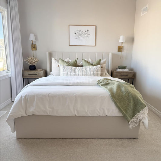 Modern Cream King Size Bed Frame with Storage, Foam Filled Fabric, Modern Wingback Design Bed, Metal Bed Frame with High Headboard, Wood Slat Support, No Box Spring Required (Cream, King Bed)