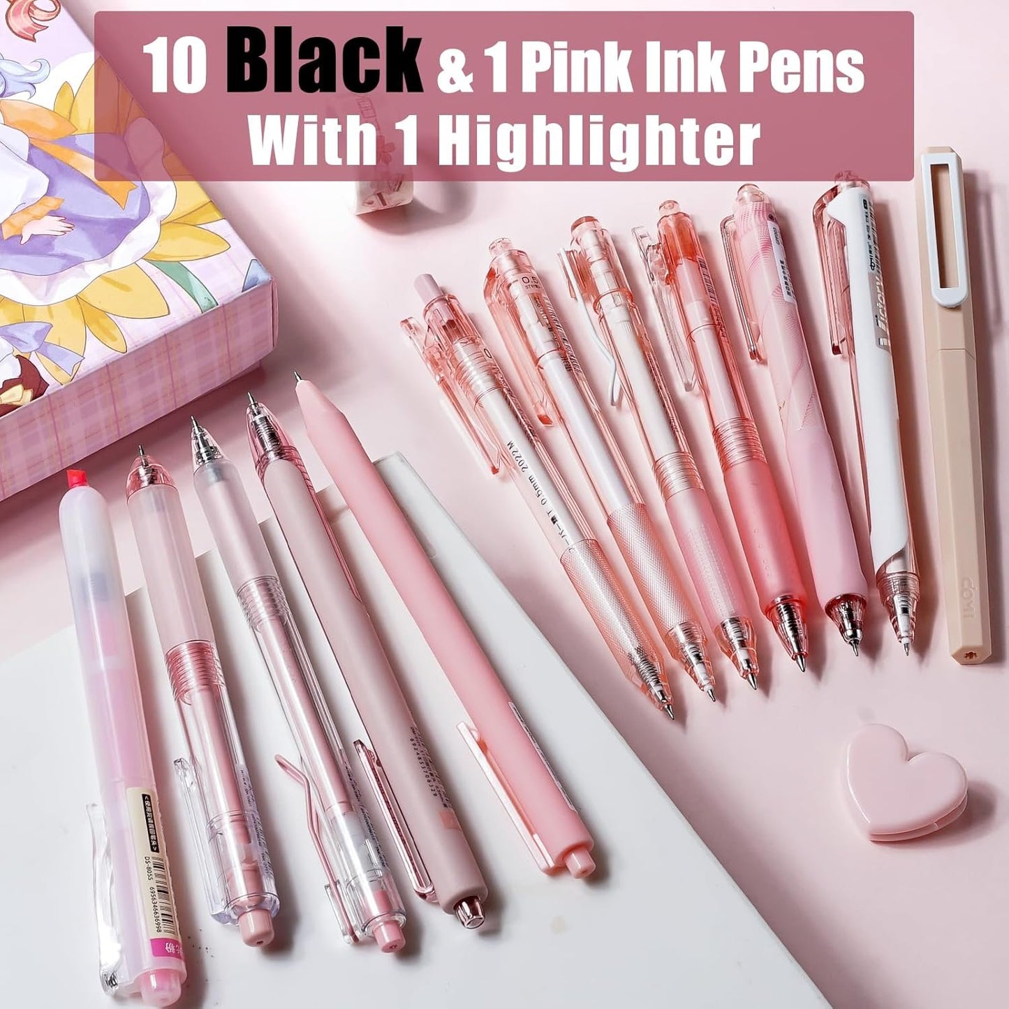 Four Candies Gel Pens, Cute Writing Pens with 0.5mm Fine Point, Black & Pink Ink Pen with Highlighter for Journaling Note Taking, Aesthetic School Office Supplies Japanese Stationery, Set of 12 - Rose
