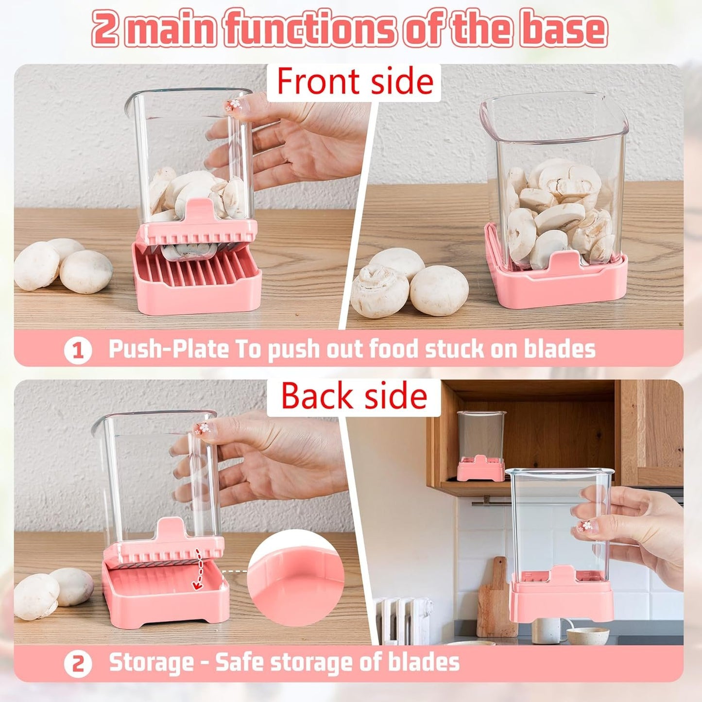 Fruit & Veggie Slicer Cup - Removable Blades & Food Push Plate - Strawberry, Banana, Egg & Grape Cutter - Safe & Portable Kitchen Slicing Tool for Easy Food Prep (Pink)
