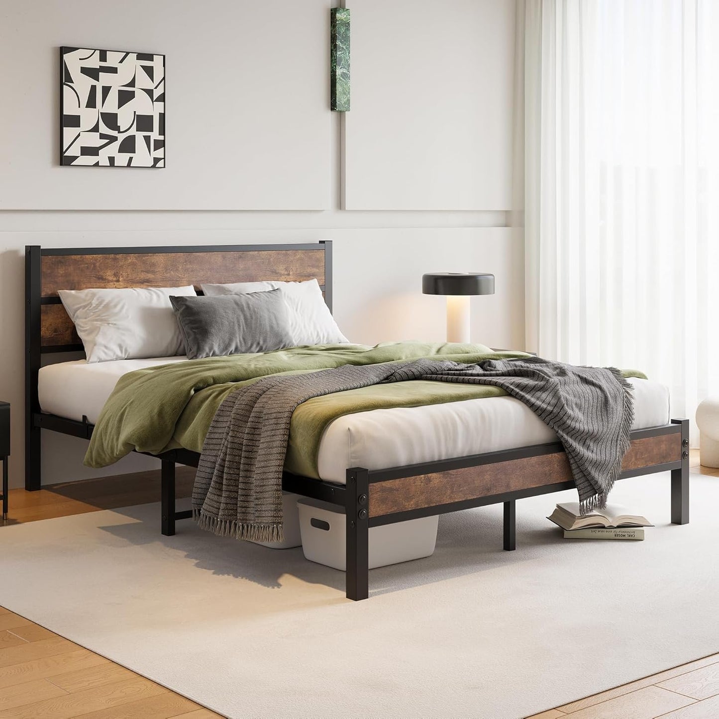 DUMEE Queen Bed Frame with Wood Headboard and Footboard, Metal Bed Frame Queen Size Under Bed Storage, No Box Spring Needed, Enhanced Support Noise Free (Black+Brown Oak)
