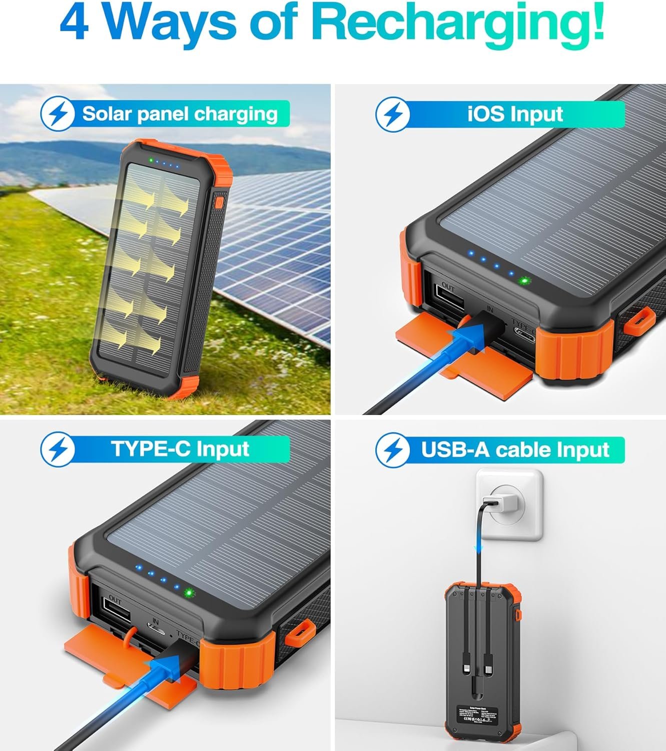 LATIMERIA Solar Charger Power Bank, 45800mAh Portable Phone Charger with USB C in/Output, 5V3.1A QC 3.0 Fast Charging for Cellphone, External Battery Pack Compatible with iPhone Samsung Google etc