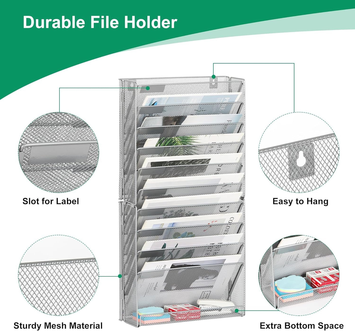 Solinxe 10 Tier Document Organizer, Paper Floder, Magazine Holder, Metal File Organizer for Home Organization, Office Supplies, Silver