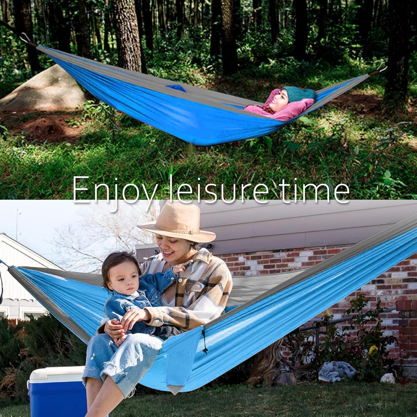SOOPRNO Camping Hammock. Portable Double and Single Hammock with 2 Tree Straps and Attached Carry Bag. Camping Gear for Outdoor Hiking Camping Beach Backpacking Travel. (Blue & Grey)