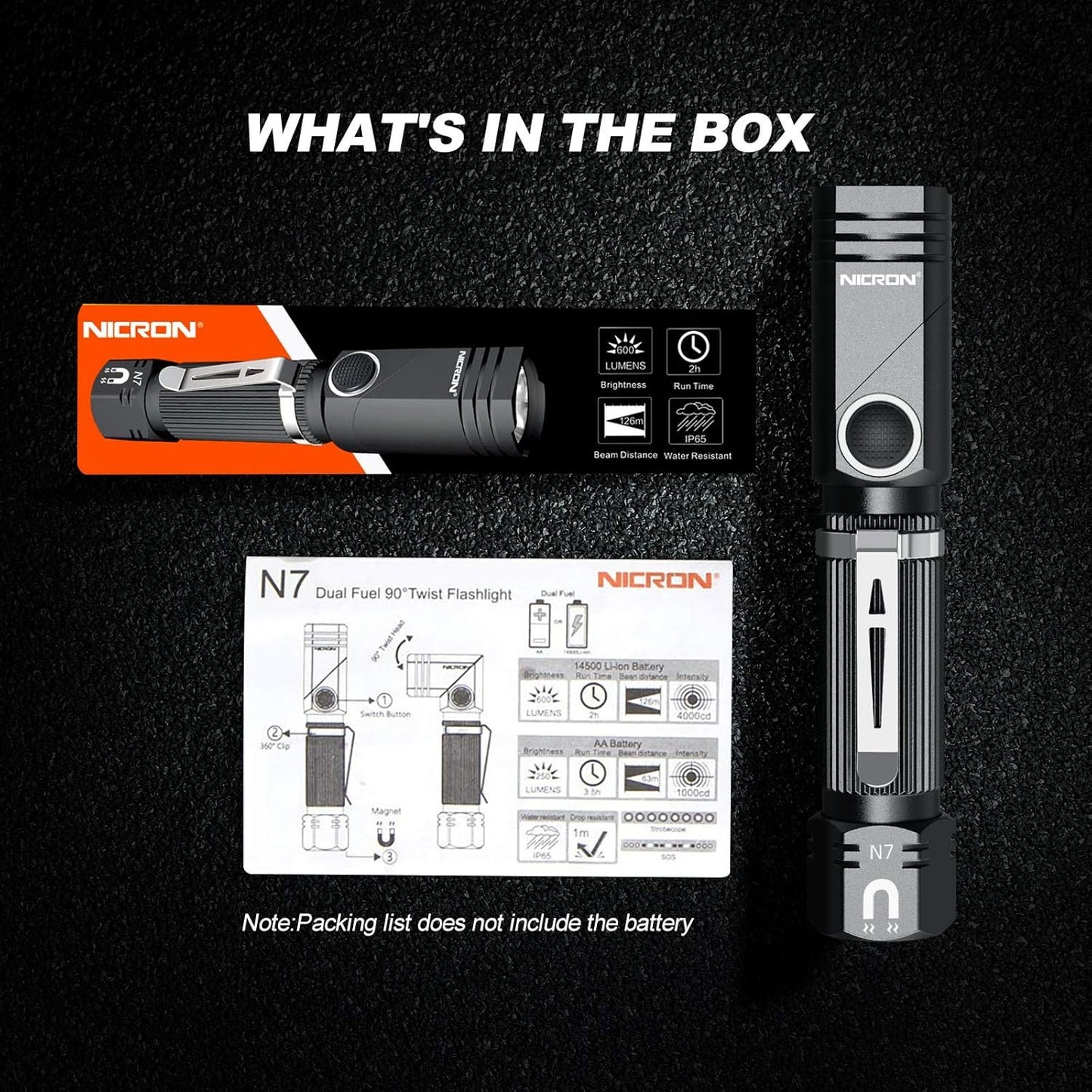 Flashlight, NICRON N7 600 Lumens Tactical Flashlight, 90 Degree Mini Flashlight Ip65 Waterproof Led Flashlight 4 Modes- Best High Lumens are for Camping, Outdoor, Hiking （Not Including Batteries）Gift