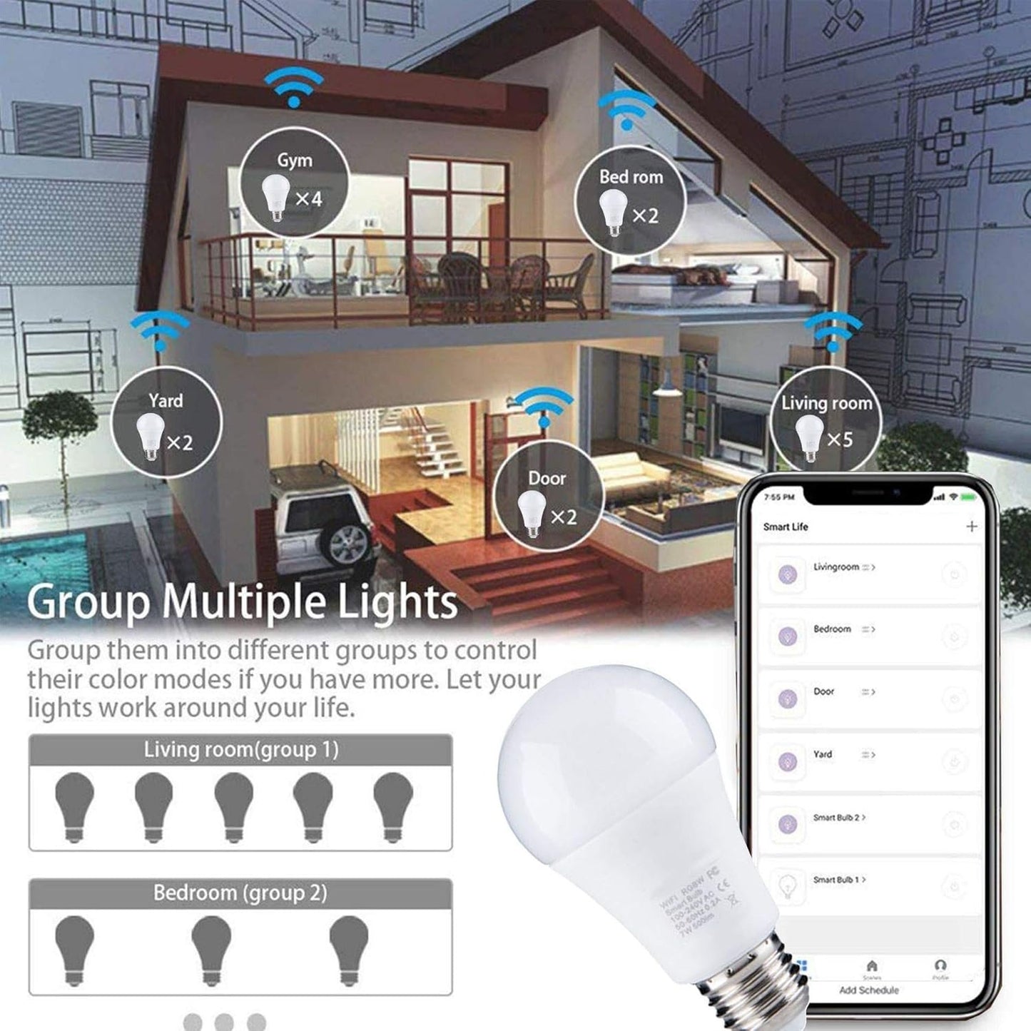 Smart Light LED Light Bulb WiFi Smart Smart Bulb 9W RGB for Alexa and Google Home Dimmable Timer Music Mode 16 Million Colors Capture Mode (Colour) Smart Bulb Lighting