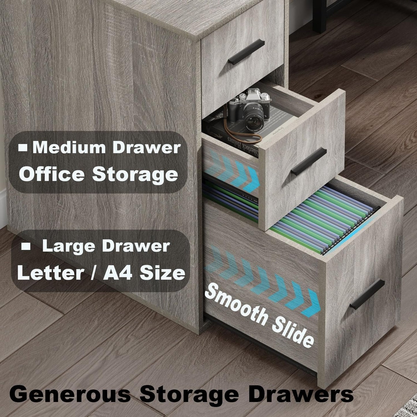 LVB Reversible Gray L Shaped Corner Desk, Farmhouse Wood Computer Desk with File Drawers Cabinets, Large Work Study Executive Home Office Desk with Storage Shelves for Bedroom, Light Grey Oak, 59 Inch