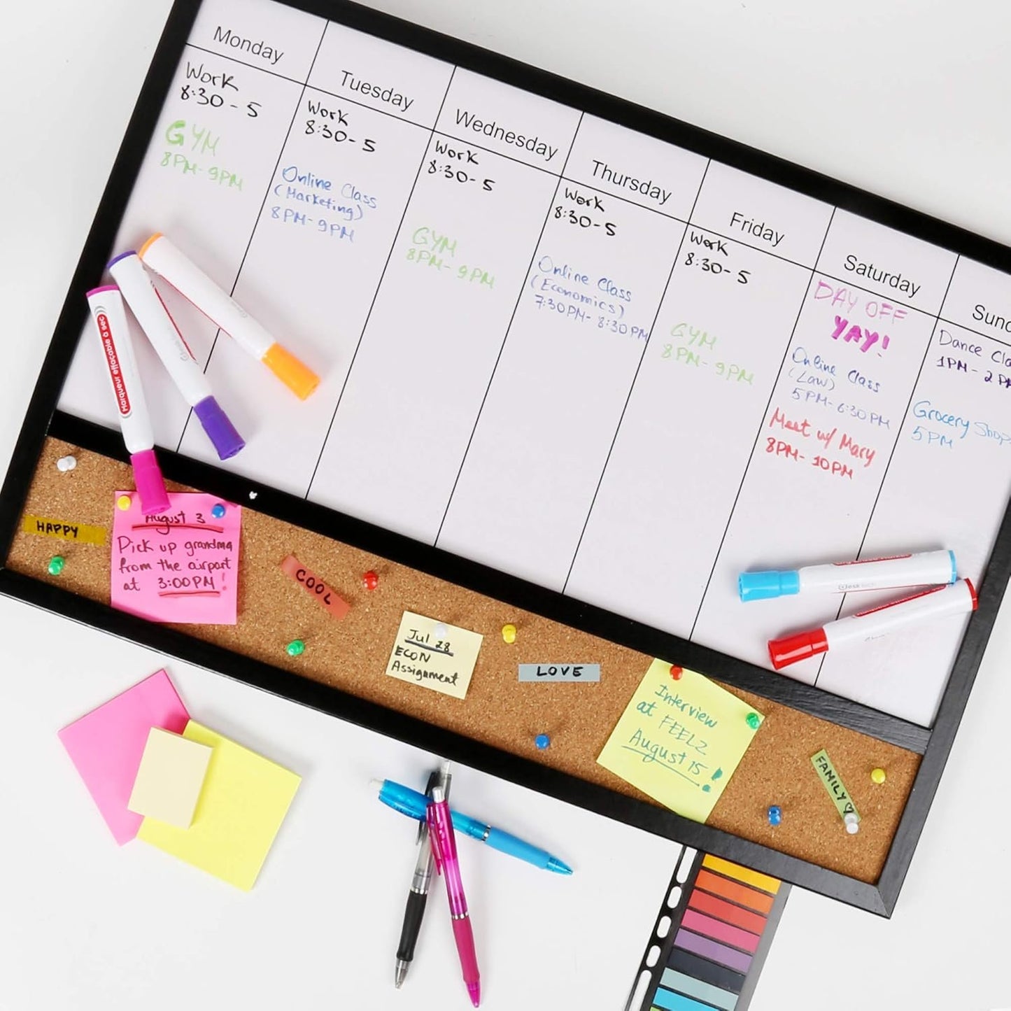 DESK TECH Versatileal Weekly Planner - Half Dry Erase Magnetic White Board with Cork Bulleting Board - 16 x 24 inches, Black Pinewood Wooden Frame - Hangable, Versatile for School, Office and Home Use