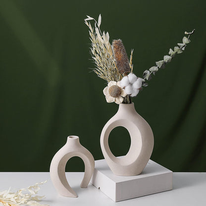 Ceramic Vase Set - 2 Flower Donut Modern Vases for Home Décor, Creative White Vases Minimalism Style Decor Vase Table Vase for Living Room Entryway Bookshelf Mantel Centerpieces Shelf