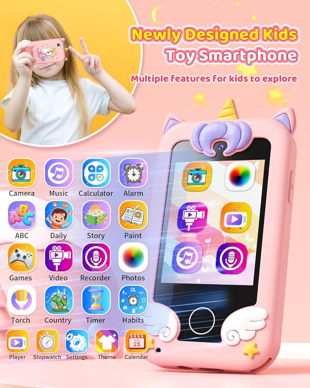 Kids Toy Smartphone, Gifts and Toys for Girls Boys Ages 3-8 Years Old, Fake Play Unicorn Toy Phone with Music Player Dual Camera Puzzle Games Touchscreen, Birthday, Kids Trip Activity