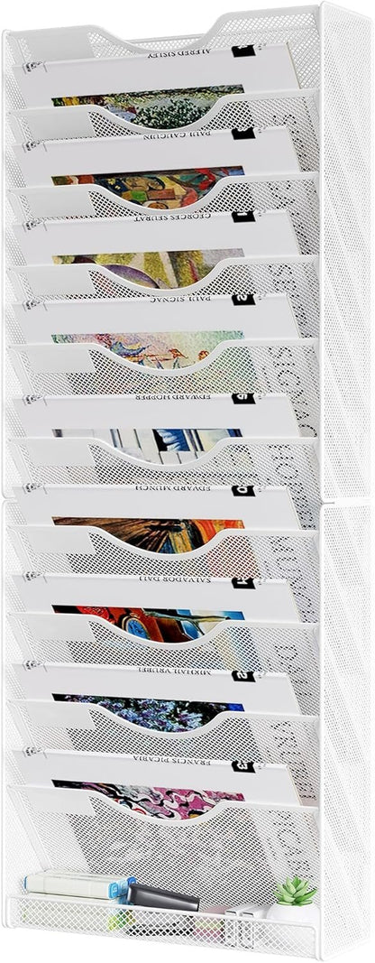 Solinxe Hanging Wall File Holder Organizer 10 Tier, Mesh Wall Mounted Magazine Document Paper Rack, Desk Organizer for Office Home Classroom Organization, White