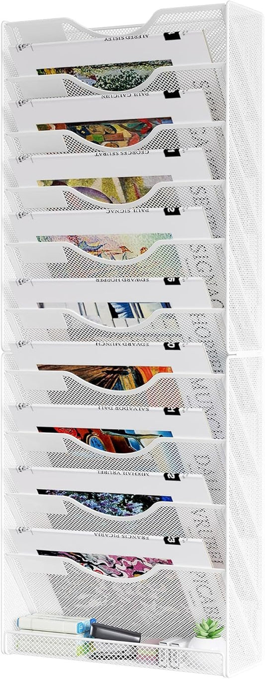 Solinxe Hanging Wall File Holder Organizer 10 Tier, Mesh Wall Mounted Magazine Document Paper Rack, Desk Organizer for Office Home Classroom Organization, White