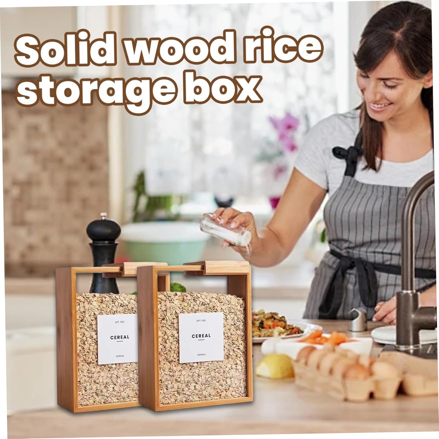 4Pcs Bamboo Kitchen Cereal Containers, 9x7x3 Inch Wood Food Dispenser with Removable Lids, Clear Kicthen Storage Can for Snack, Rice, Flour, Pasta