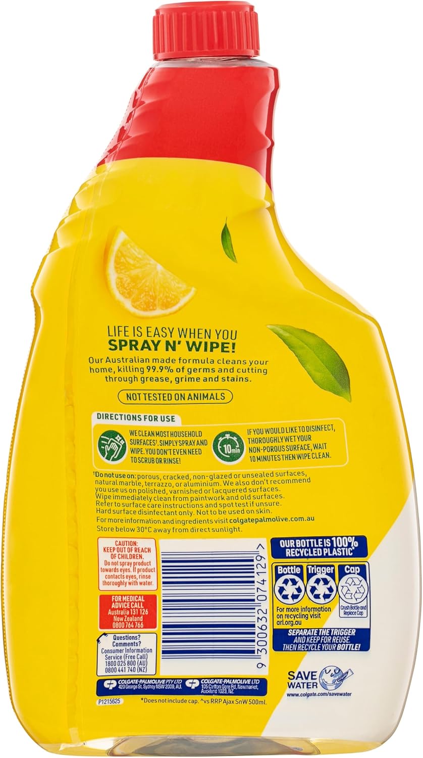 Ajax Spray n' Wipe Multi-Purpose Cleaner Refill, Value Pack 750mL, Lemon Citrus, Antibacterial Disinfectant, Household Grade