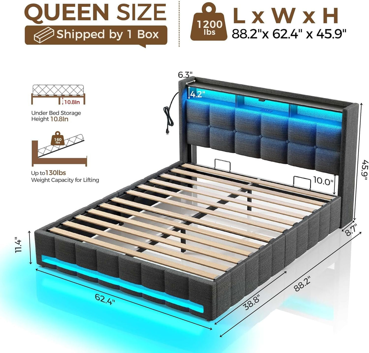 Rolanstar Queen Size Bed Frame with Lift Up Storage, Charging Station & LED Lights, Upholstered Bed with Heavy Duty Wooden Slats, No Box Spring Needed, Noise Free, Easy Assembly, Dark Grey