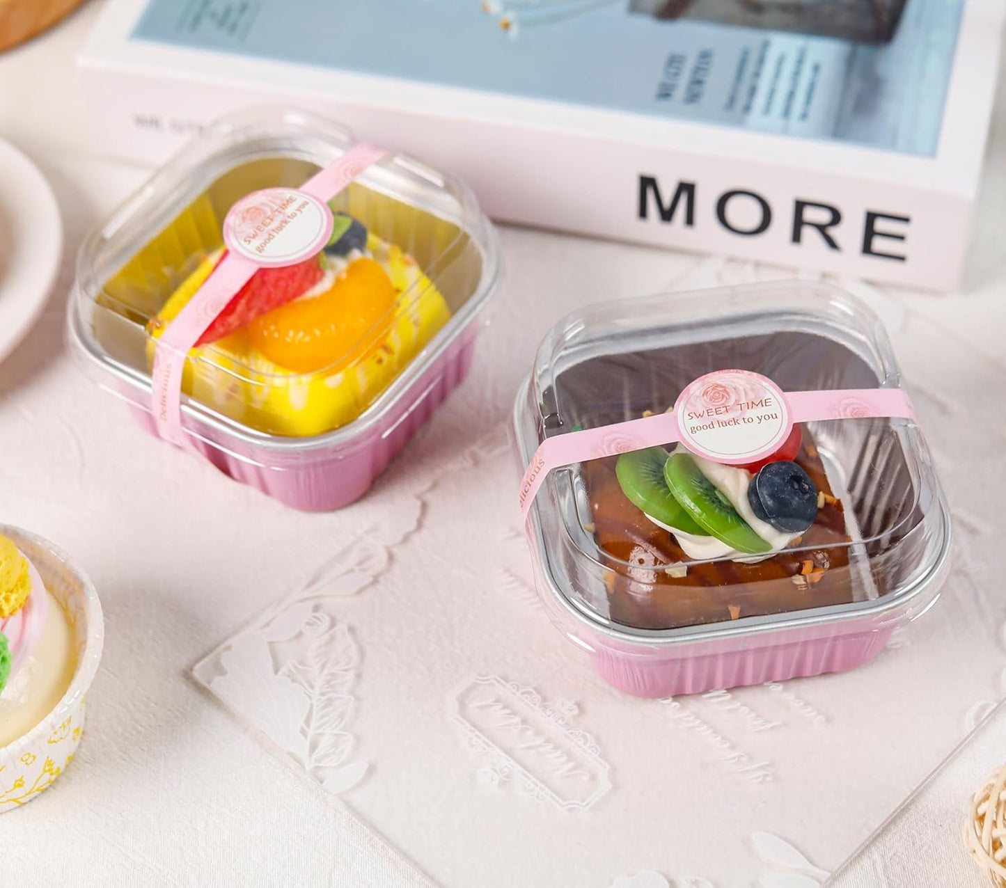 NPLUX 50 Pack Mini Cake Pans with Lids and Spoons Aluminum Foil Pans Square Cupcake Liners Brownie Baking Cups Disposable Ramekins Holders (Pink, 5oz)