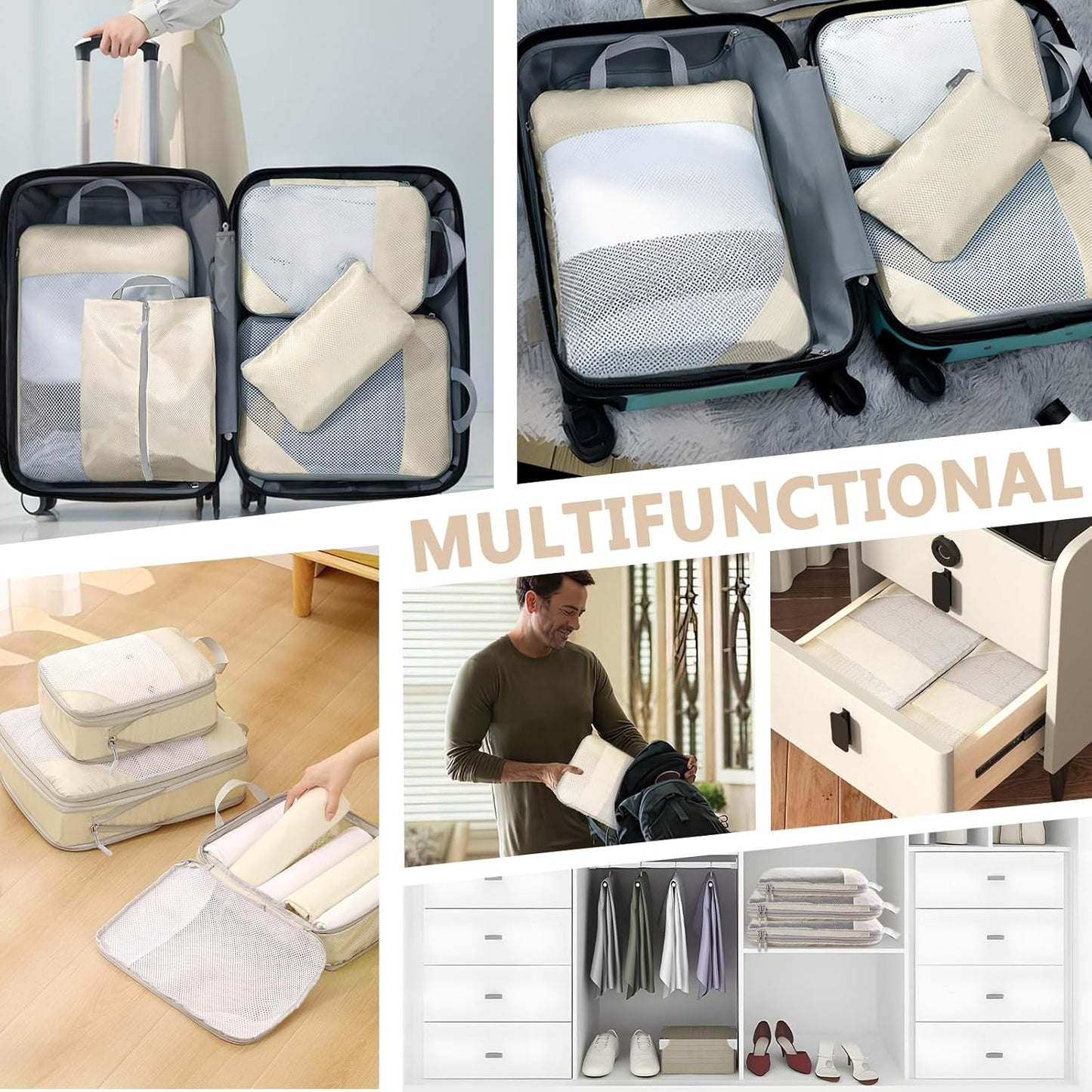 POWZOO 8 Pieces Organizer Suitcase Set, Packing Cubes Travel Organizer, Space-Saving, Travel Organizer, for Clothes, Shoes, Cosmetics Storage, Set of Organizer for Suitcases (Beige)