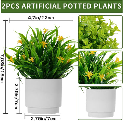 Coferset 2 Pack Small Potted Artificial Plants with Flowers Realistic Fake Greenery for Indoor Home,Office,Bathroom Farmhouse Coffee Table Decor(Green)