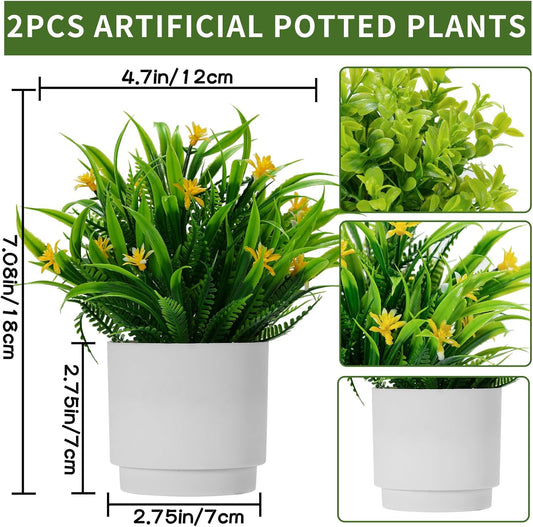 Coferset 2 Pack Small Potted Artificial Plants with Flowers Realistic Fake Greenery for Indoor Home,Office,Bathroom Farmhouse Coffee Table Decor(Green)