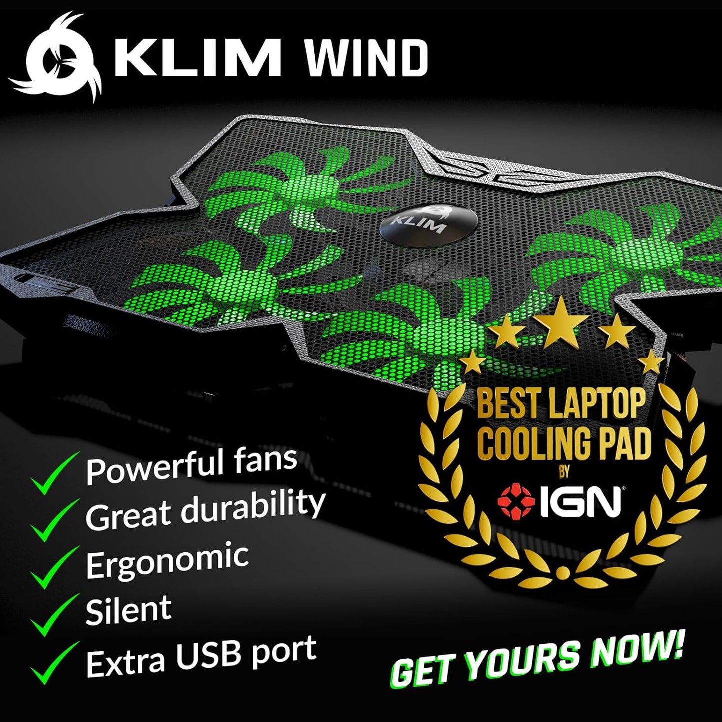 KLIM Wind Laptop Cooling Pad - More Than 500 000 Units Sold - New Version - The Most Powerful Rapid Action Cooling Fan - Laptop Stand with 4 Cooling Fans at 1200 RPM - USB Fan - PS5 PS4 - Green
