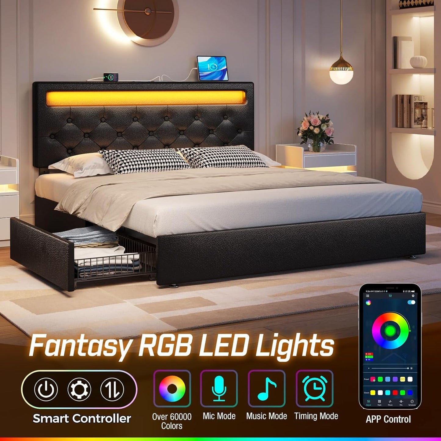 Rolanstar Full Size Bed Frame with 4 Storage Drawers and Charging Station, Upholstered PU Leather Bed with Adjustable Headboard and LED Lights, No Box Spring Needed, Easy Assembly, Black