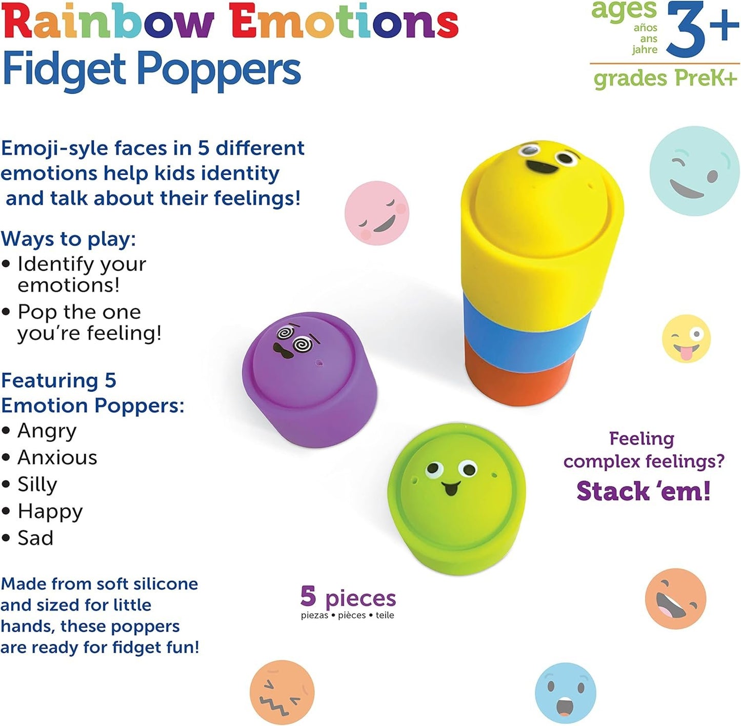 Learning Resources Rainbow Emotion Fidget Poppers, 5 Pieces, Ages 3+, Sensory Toys, Social-Emotional Learning,Sensory Toys for Toddlers,SEL Skills,fine Motor Skills