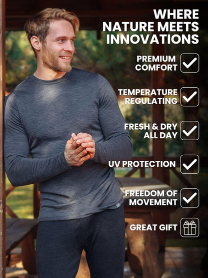 Merino.tech Men's Merino Wool Thermal Jersey – 100% Merino Wool Thermal Underwear Light, Medium, Heavy with Socks