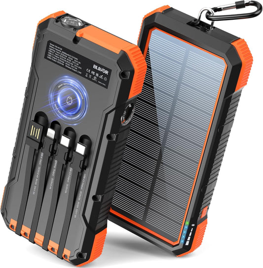 BLAVOR Solar Power Bank Built in 4 Cables, 20W 20000mAh USB C in & Out Portable Charger Fast Charging with Flashlight for All Mobile Phones, Wireless Charging Battery Pack for Apple Watches