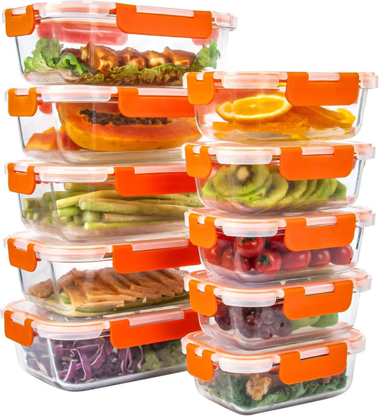 Glass Food Storage Containers with Lids Glass Containers for Meal Prep 10 Pack for Kitchen, Stackable, Airtight & Leak Proof