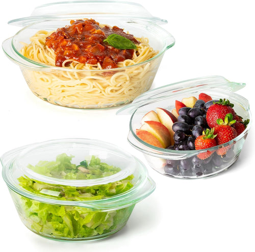 Moss & Stone Basics 3-Piece Glass Casserole With Covered, Borosilicate Glass Durable Bakeware Set, Glass Bowls Bakeware Dish Oven Safe & Microwave Safe, Clear Glass Baking Dish, 3 Round Casserole Dish With Lid