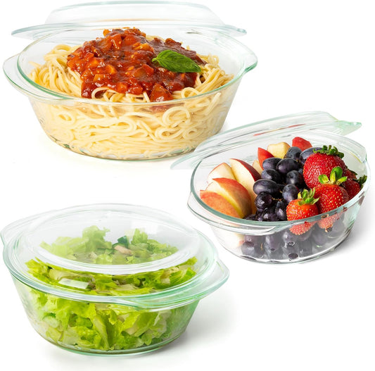 Moss & Stone Basics 3-Piece Glass Casserole With Covered, Borosilicate Glass Durable Bakeware Set, Glass Bowls Bakeware Dish Oven Safe & Microwave Safe, Clear Glass Baking Dish, 3 Round Casserole Dish With Lid
