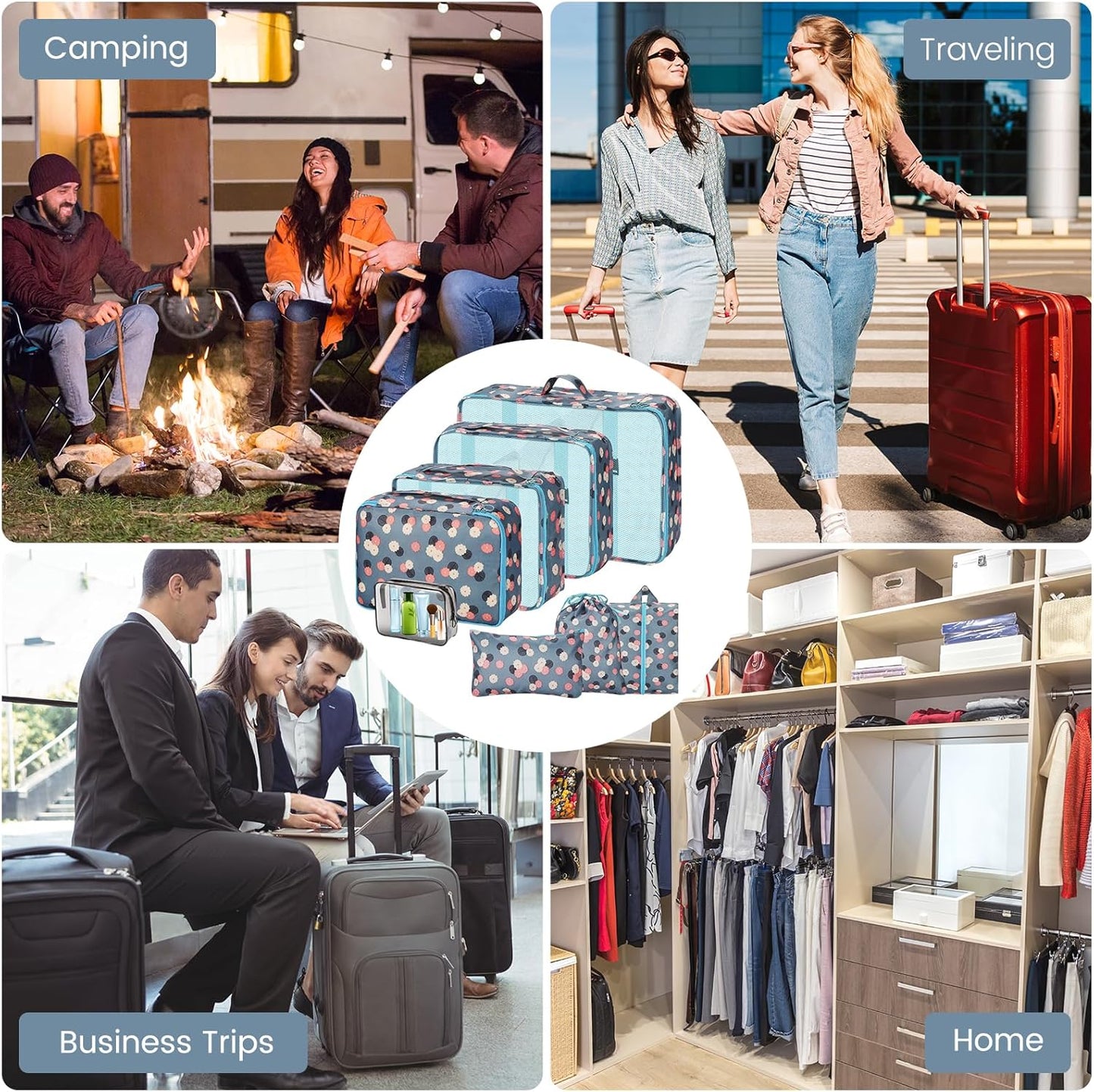Sarsumir Travel Suitcase Organizer, 8 Pieces Packing Cubes Organizer Suitcase Travel Organizer with Waterproof Bags Toiletry Clothes Shoes, Blue Flower